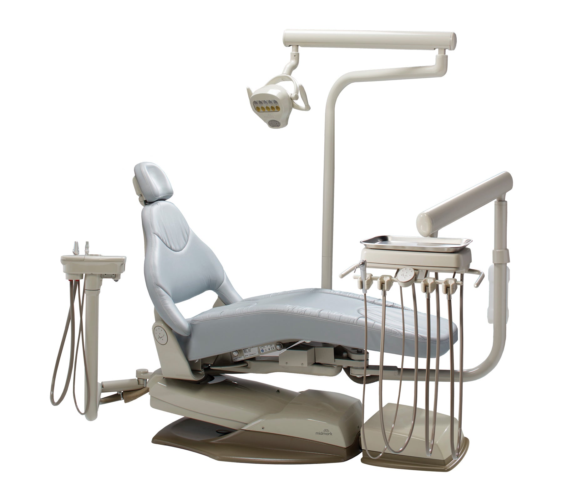 Dental chair package with overhead light, delivery unit and instrument tray on a white background.