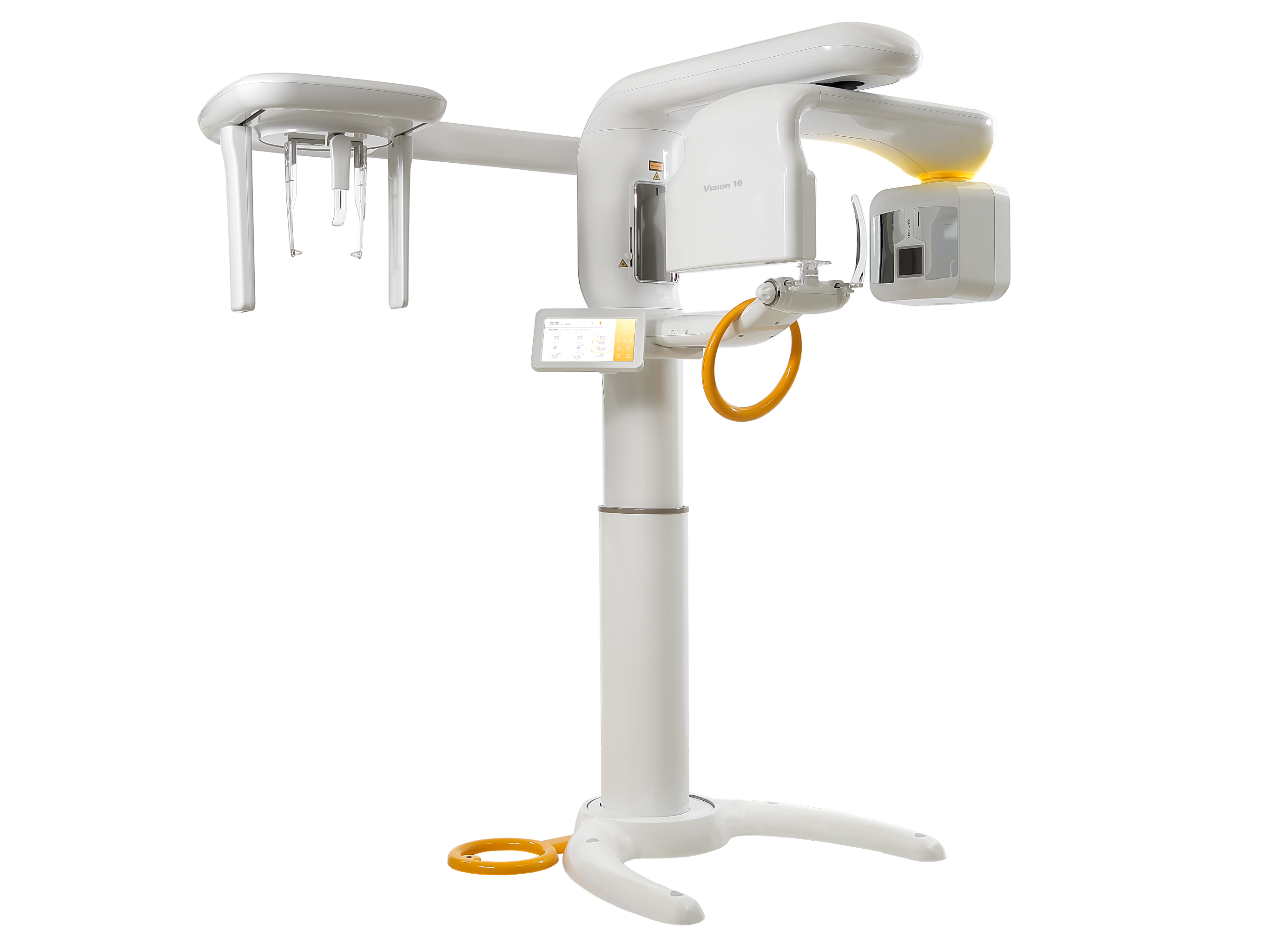 Vision 16 dental imaging system with cephalometric arm, panoramic scanner and patient positioning supports on a transparent background.