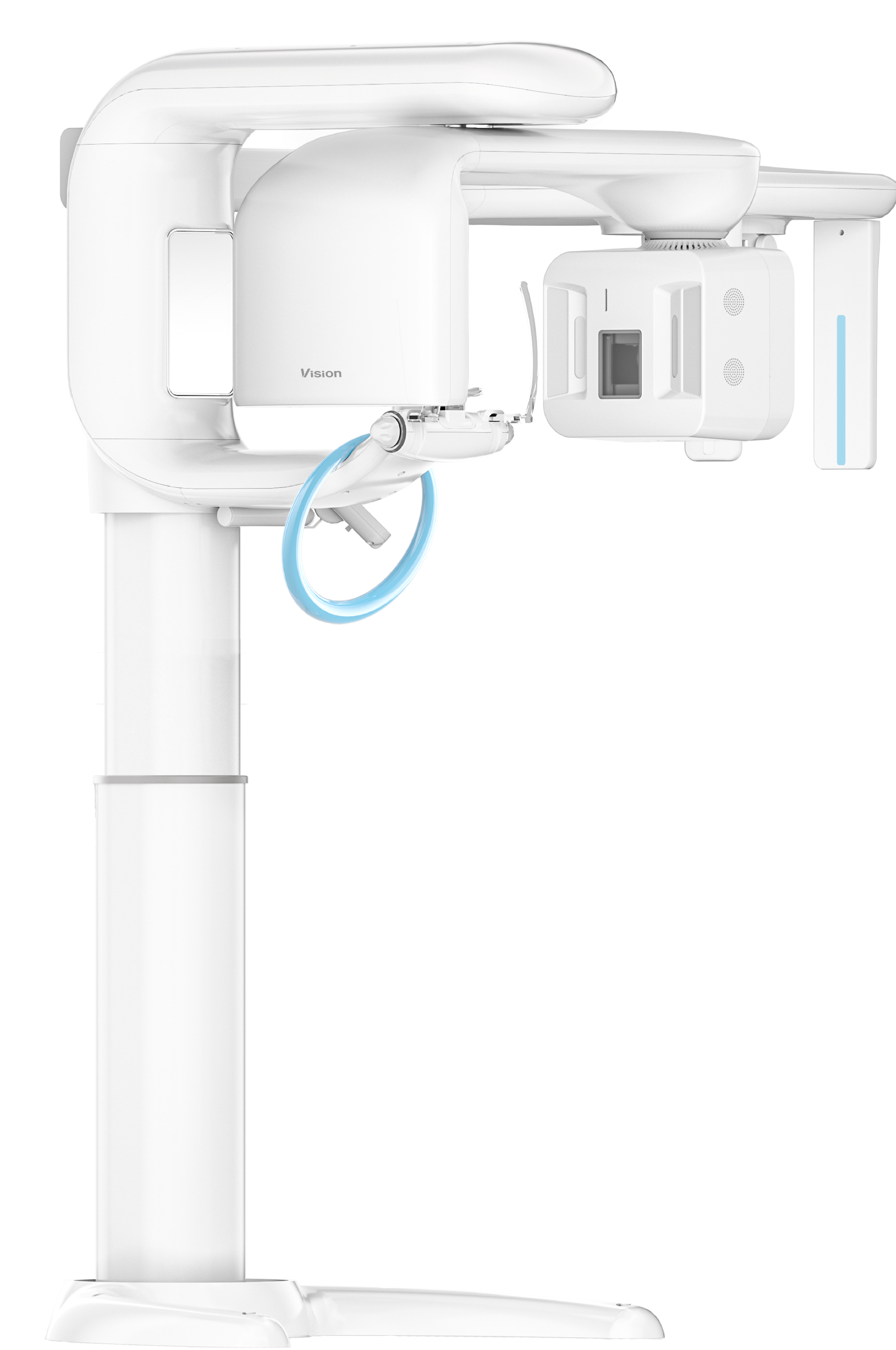 Vision 20 panoramic dental imaging system with scanning arm and patient positioning supports on a transparent background.