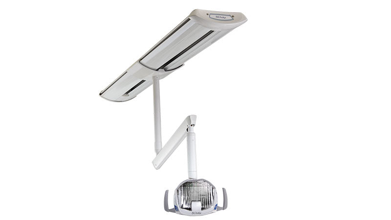 White adjustable desk lamp with a rectangular LED light and rounded base on a plain background.