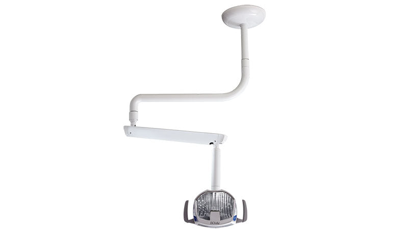 White ceiling-mounted examination light with adjustable arm and rectangular LED panel.